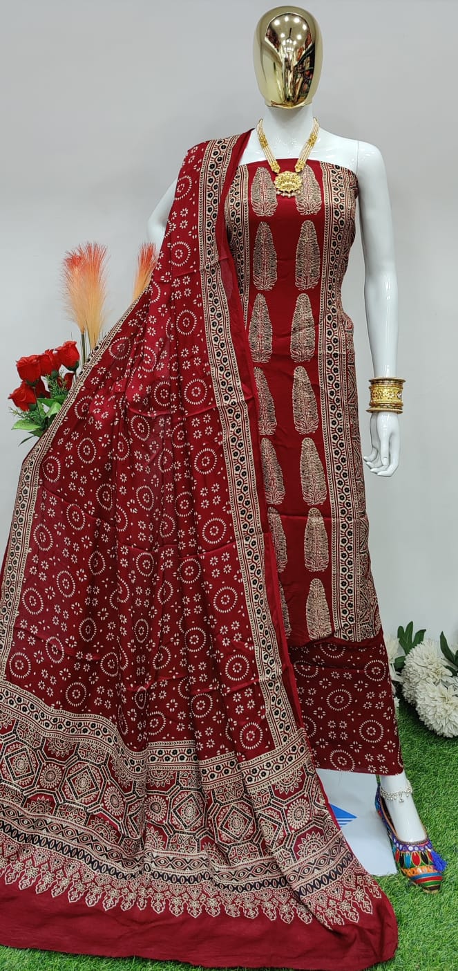 Original silk Hand Crafted Ajrakh Dress Material